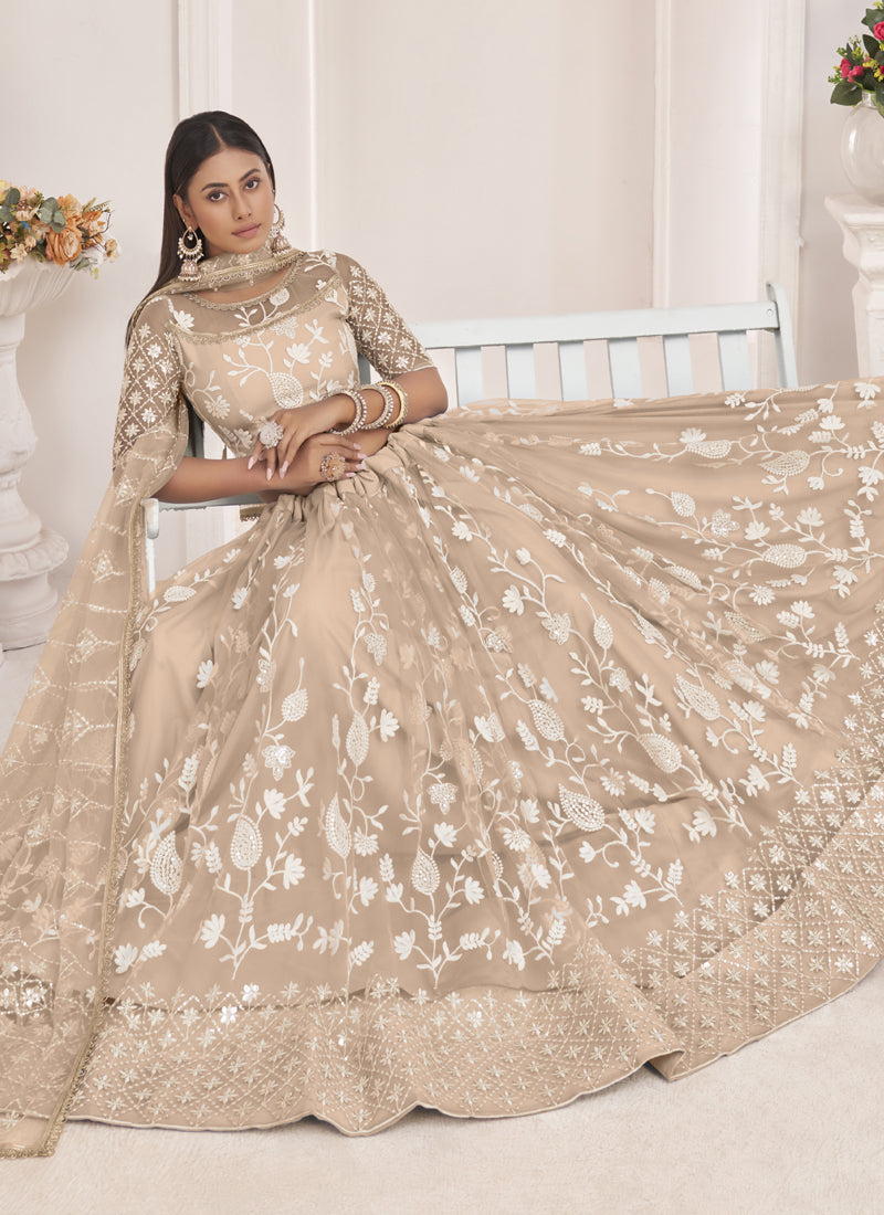Dusty Chiku Butterfly Net Embroidered Thread Wedding Lehenga