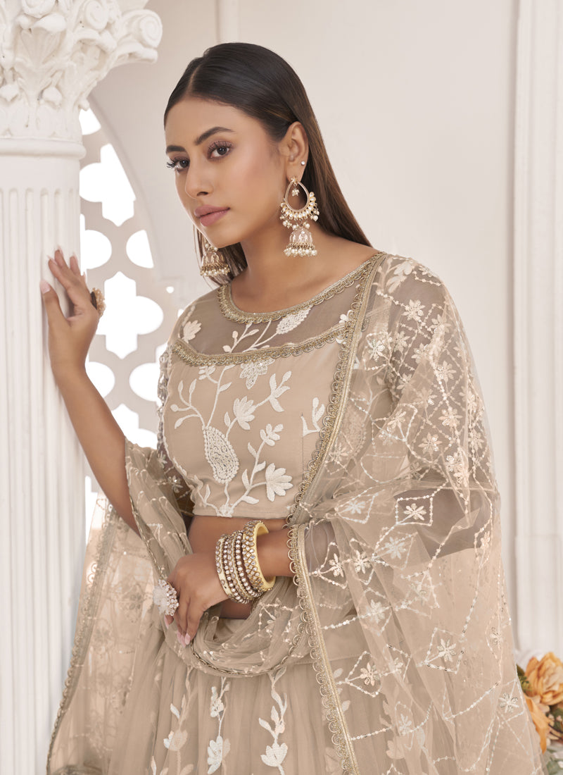 Dusty Chiku Butterfly Net Embroidered Thread Wedding Lehenga