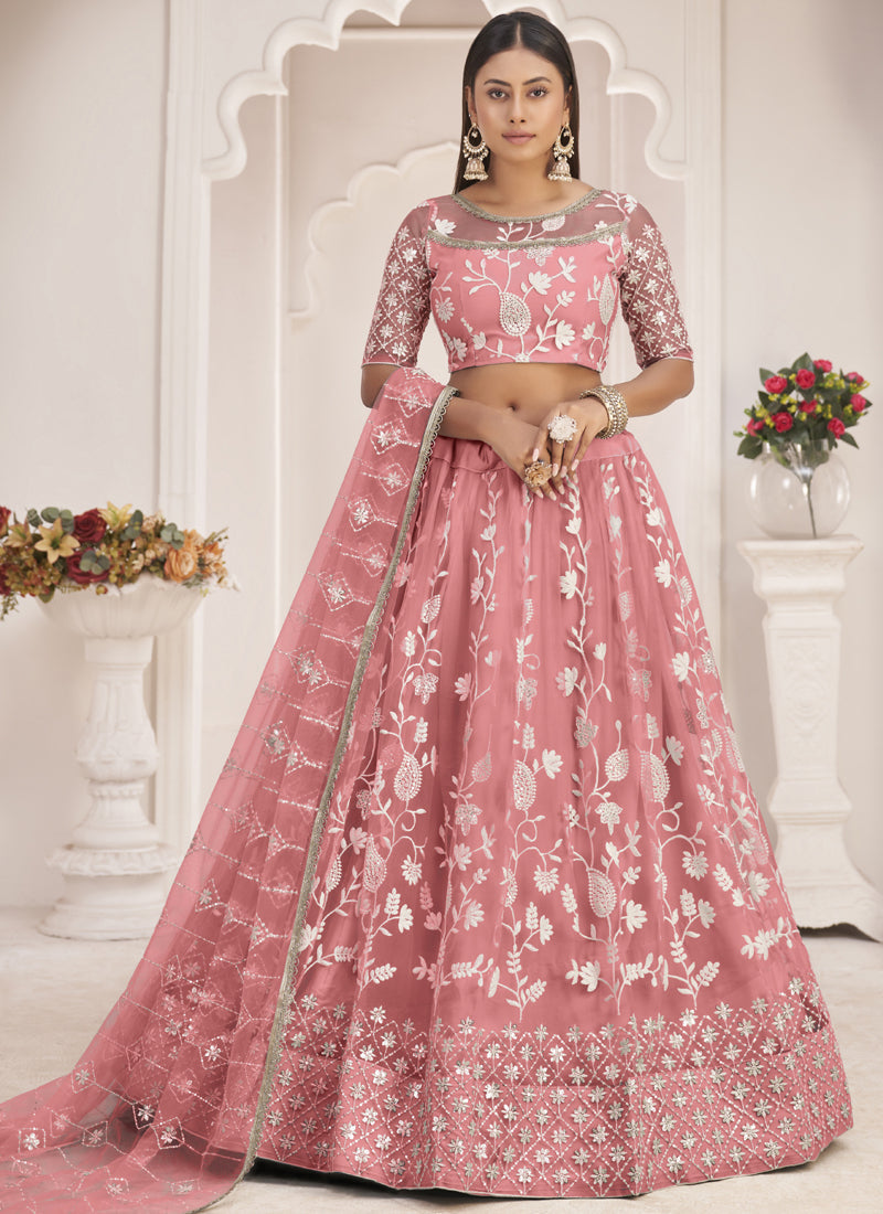 Peach Butterfly Net Embroidered Thread Wedding Lehenga