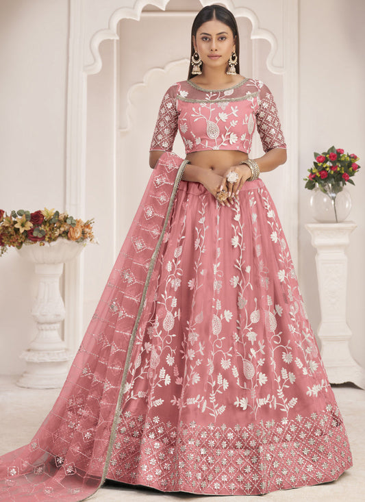Peach Butterfly Net Embroidered Thread Wedding Lehenga