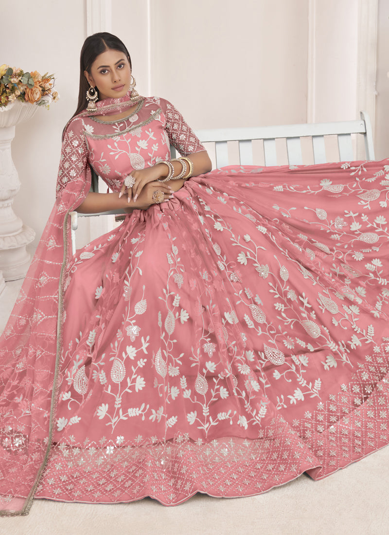 Peach Butterfly Net Embroidered Thread Wedding Lehenga