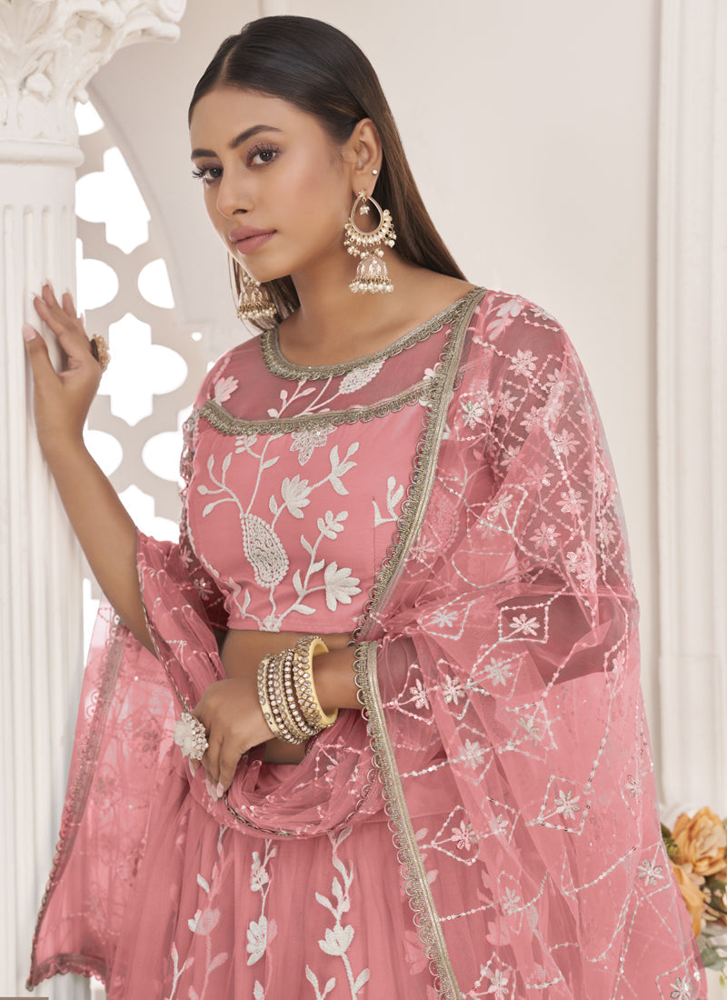 Peach Butterfly Net Embroidered Thread Wedding Lehenga