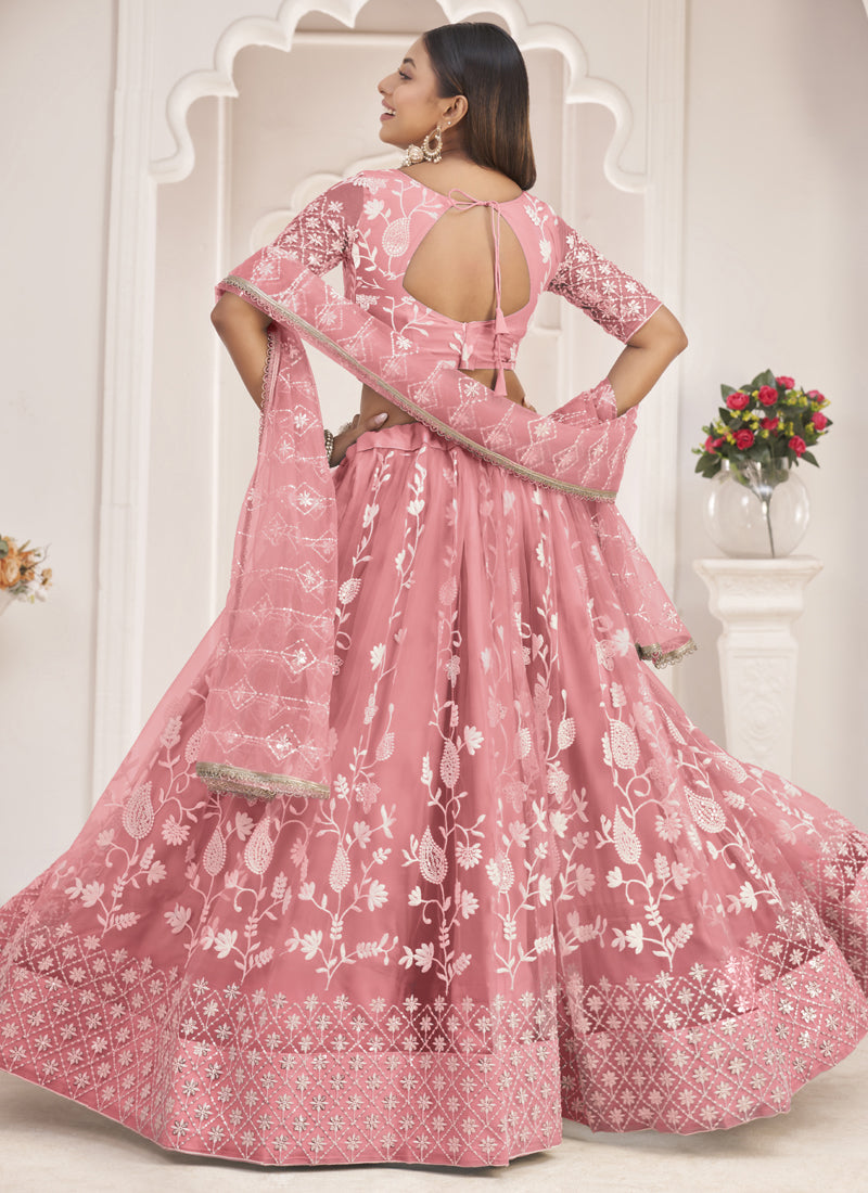 Peach Butterfly Net Embroidered Thread Wedding Lehenga