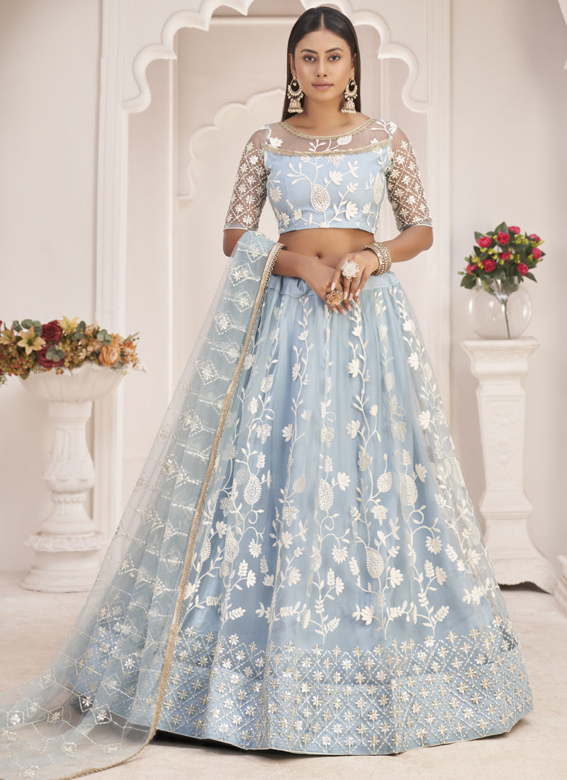 Light Sky Butterfly Net Embroidered Thread Wedding Lehenga