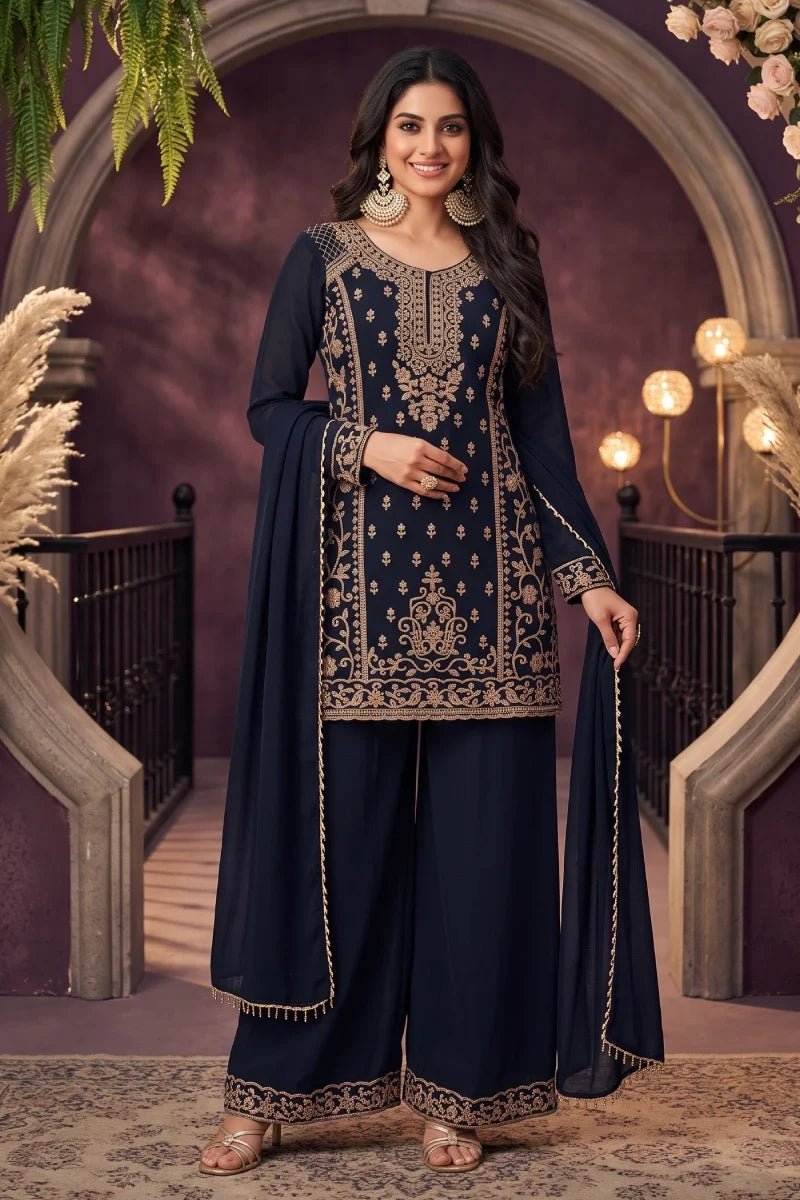 Black Chinon Embroidered & Beads Palazzo Suit