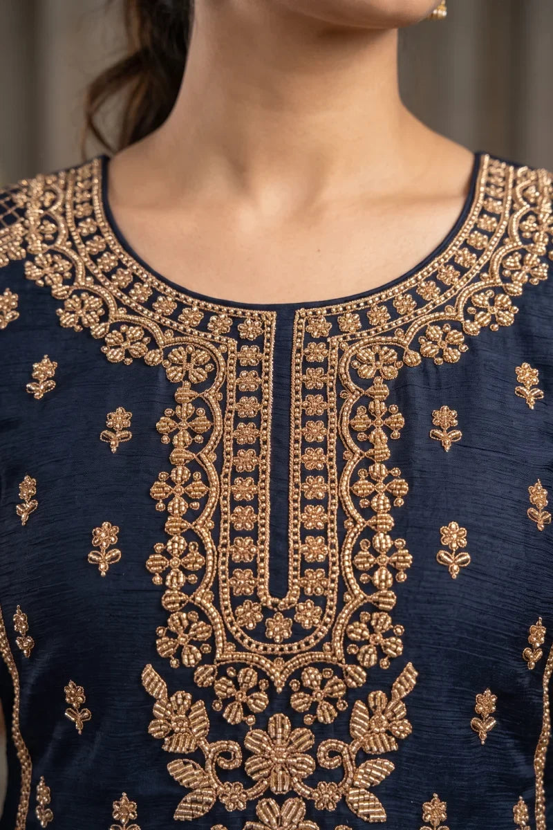 Black Chinon Embroidered & Beads Palazzo Suit