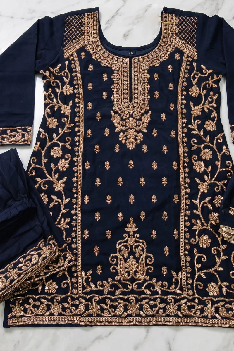 Black Chinon Embroidered & Beads Palazzo Suit