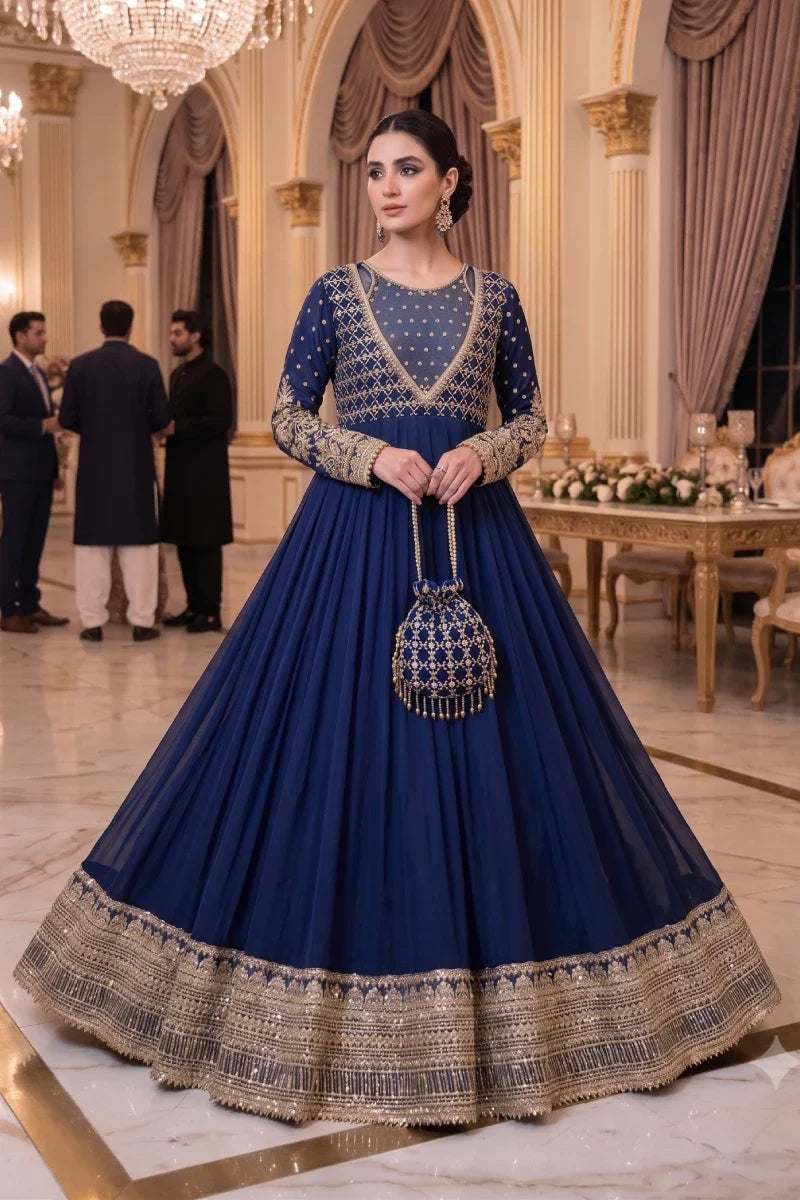 Navy Blue Embroidered Georgette Anarkali Suit with Dupatta