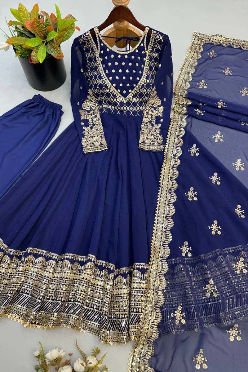 Navy Blue Embroidered Georgette Anarkali Suit with Dupatta
