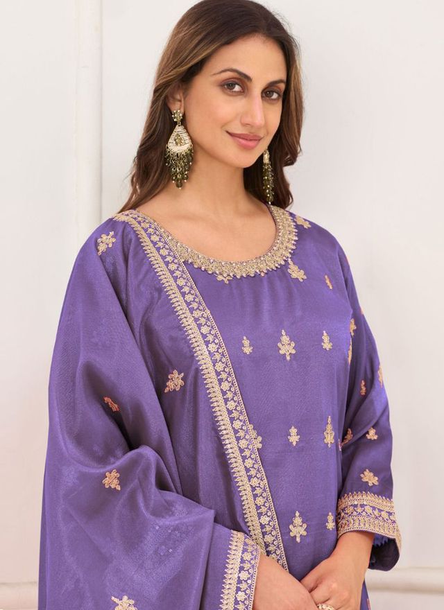 Purple Embroidery Real Simar Silk Salwar suit
