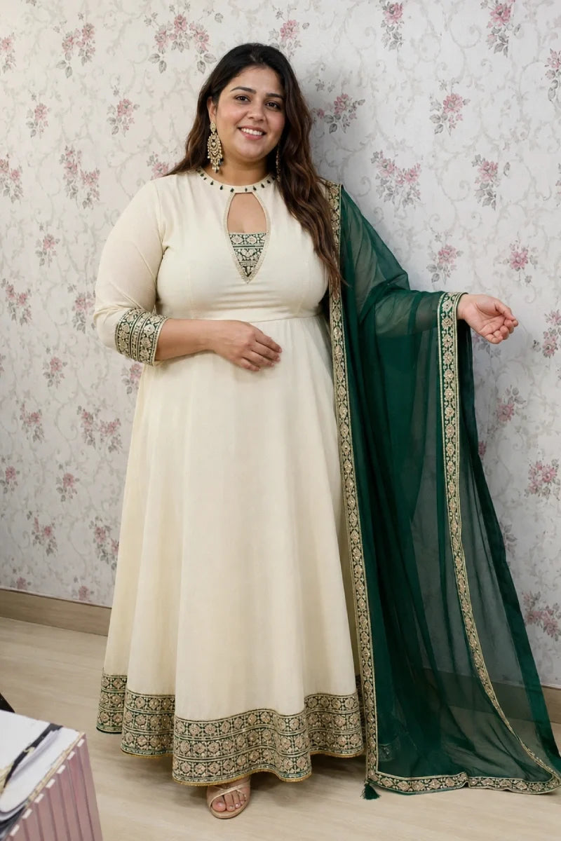 Off White Chinon Anarkali Suit with Green Dupatta