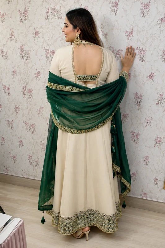 Off White Chinon Anarkali Suit with Green Dupatta