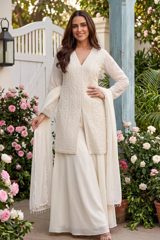 Off White Chinon Beads Jacket Style Palazzo Suit