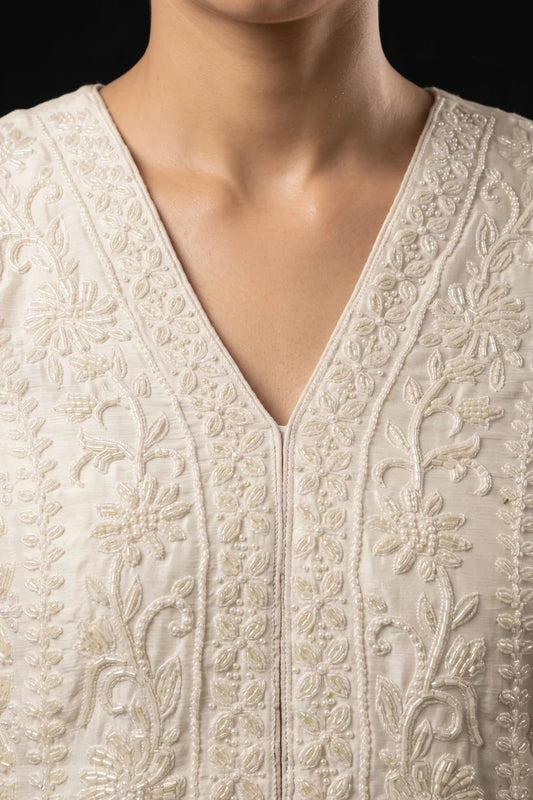 Off White Chinon Beads Jacket Style Palazzo Suit