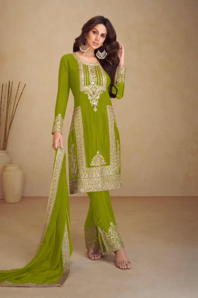 Olive Green Embroidered Chinon Salwar Suit with Dupatta