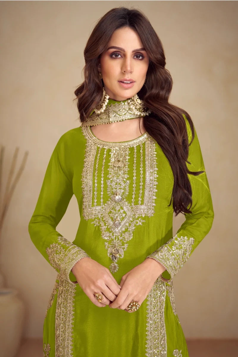 Olive Green Embroidered Chinon Salwar Suit with Dupatta