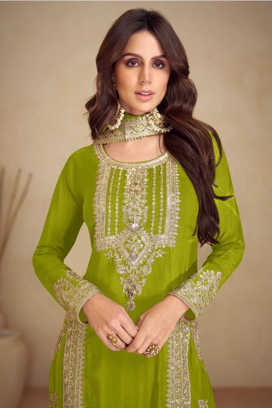 Olive Green Embroidered Chinon Salwar Suit with Dupatta