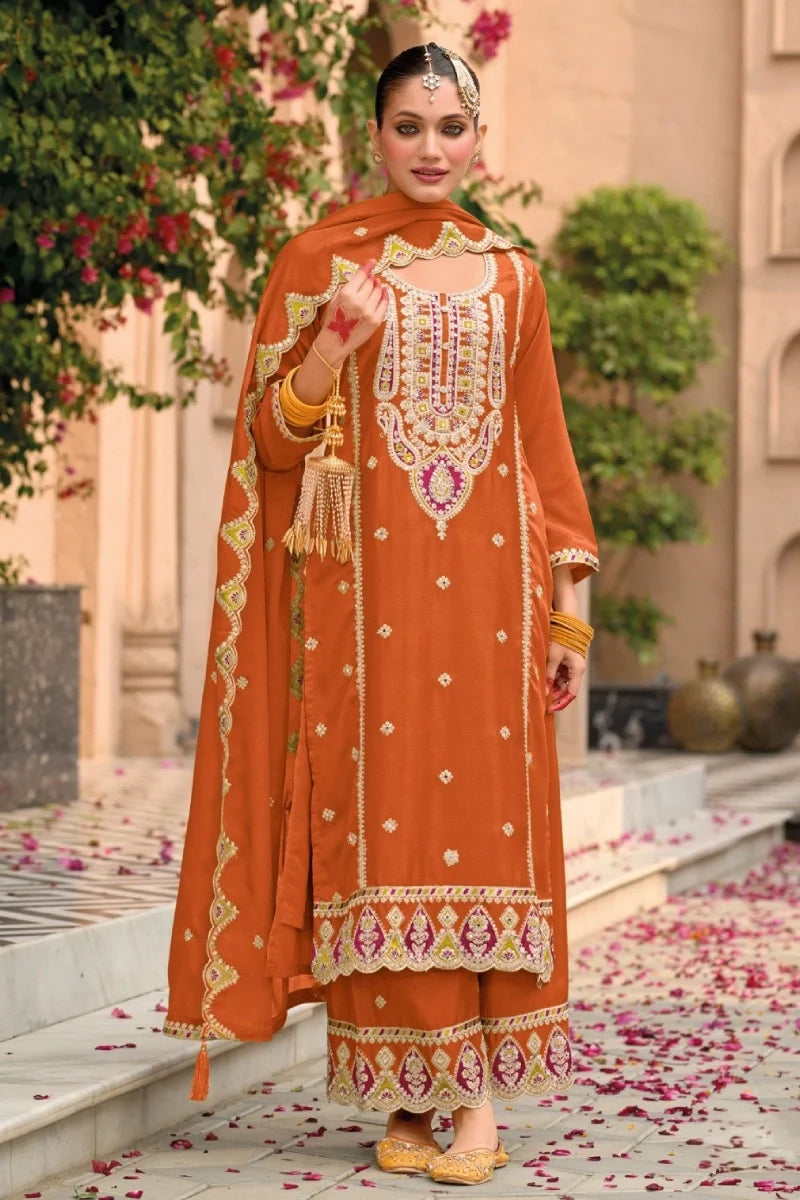 Orange Chinon Embroidered Palazzo Suit