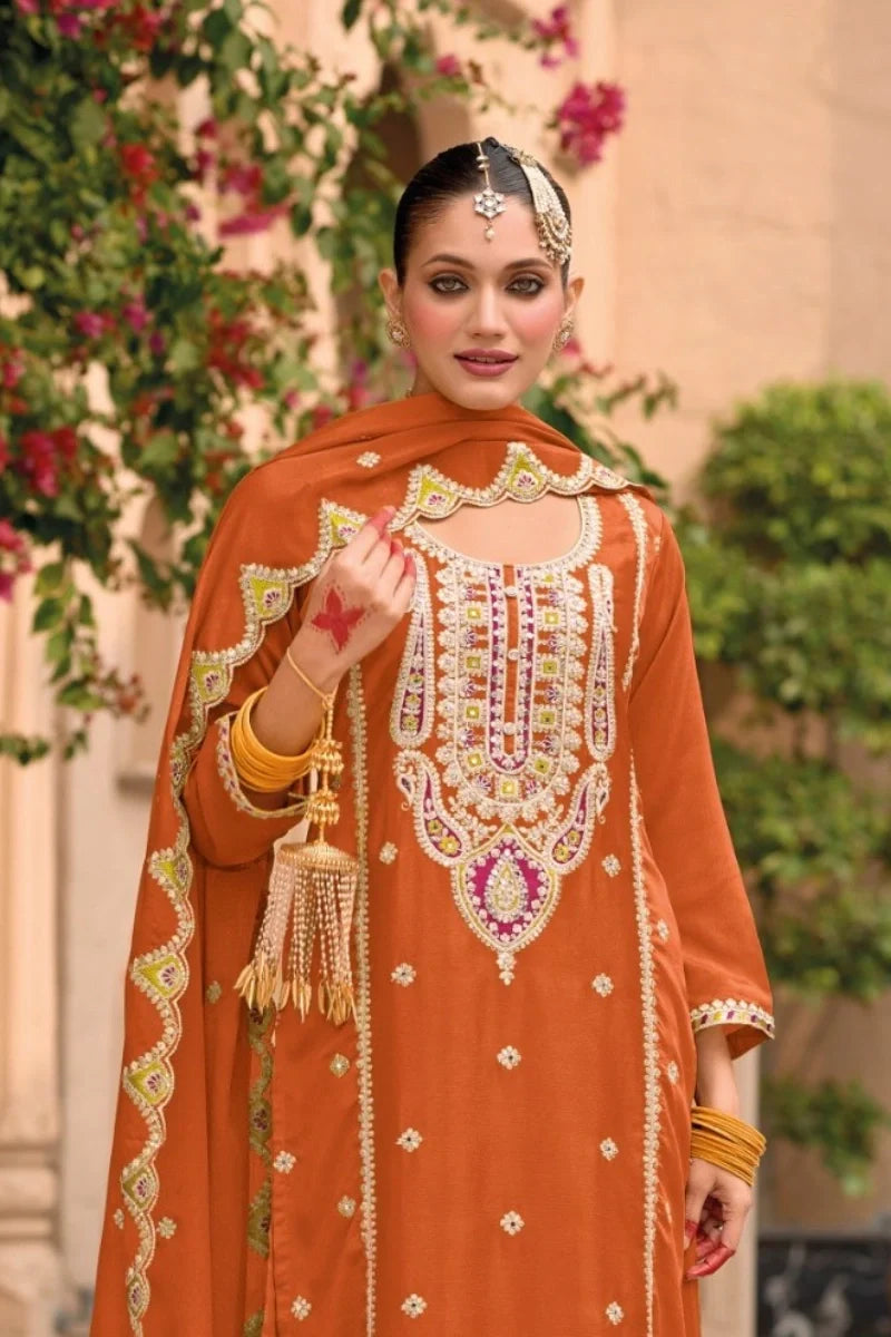 Orange Chinon Embroidered Palazzo Suit