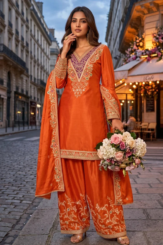 Orange Chinon Heavy Embroidered Palazzo Suit