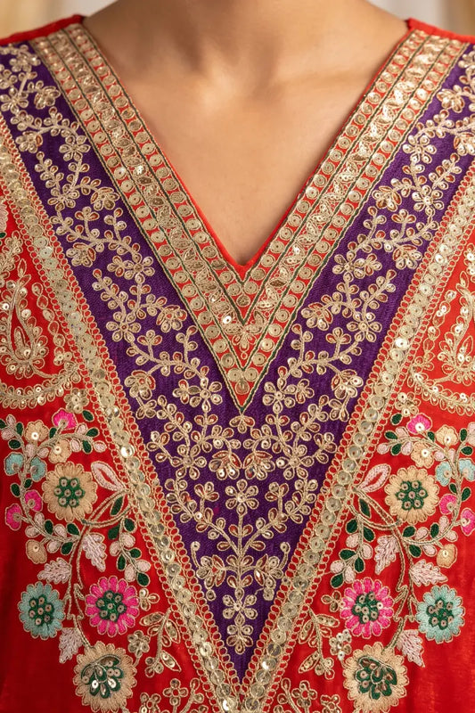 Orange Chinon Heavy Embroidered Palazzo Suit