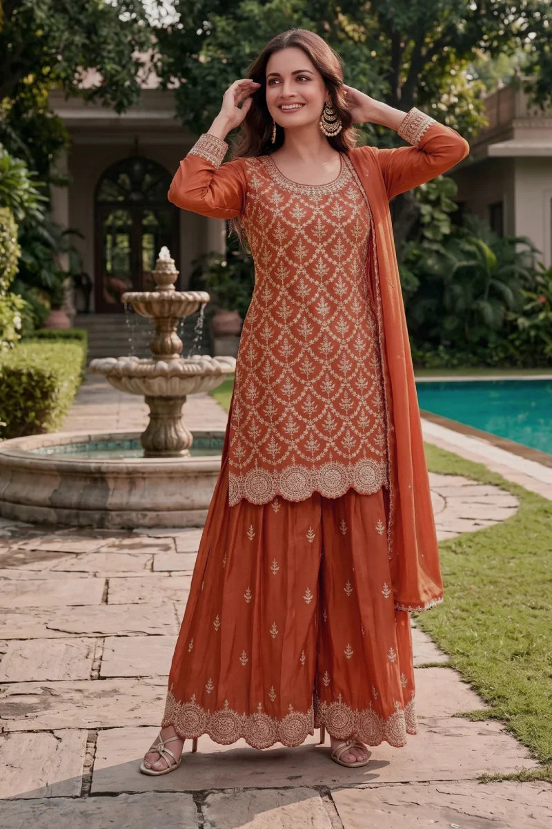 Orange Premium Chinon Embroidered Palazzo Suit