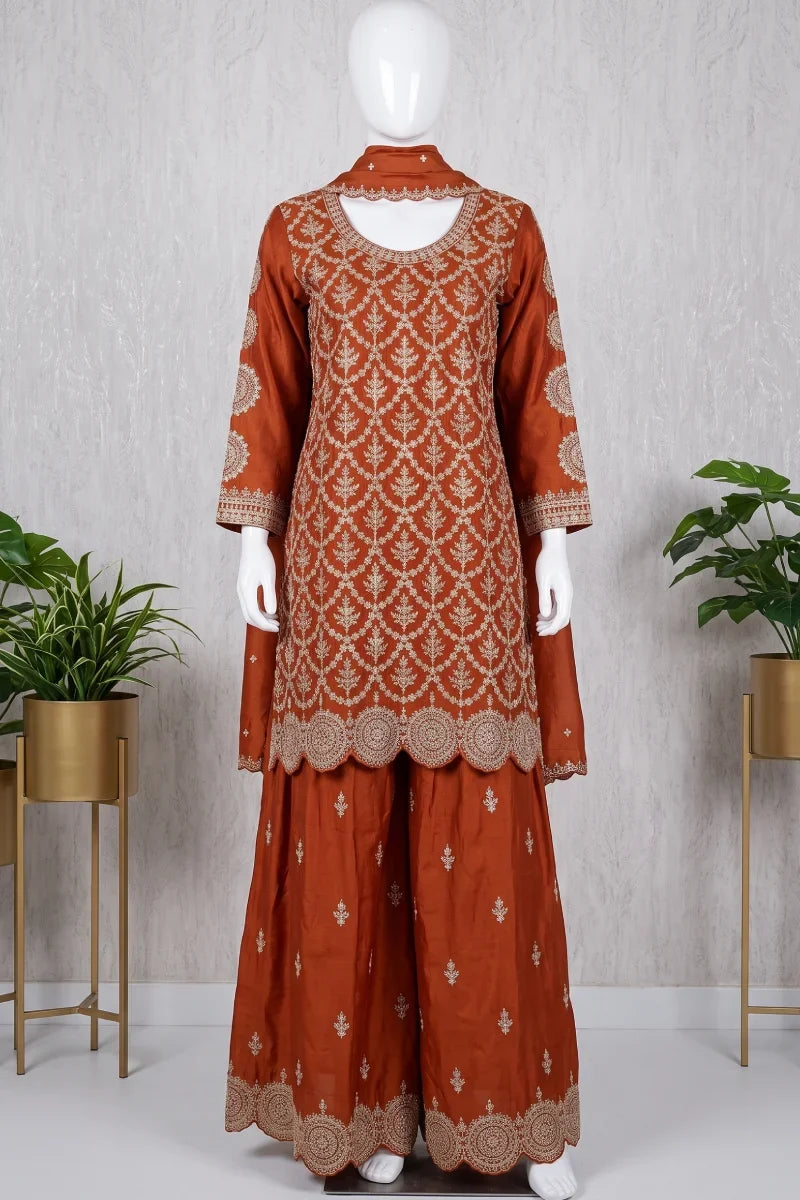 Orange Premium Chinon Embroidered Palazzo Suit