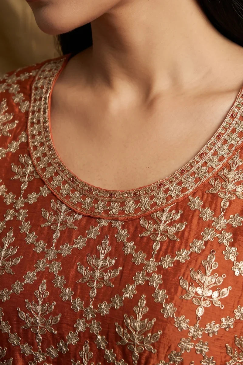 Orange Premium Chinon Embroidered Palazzo Suit