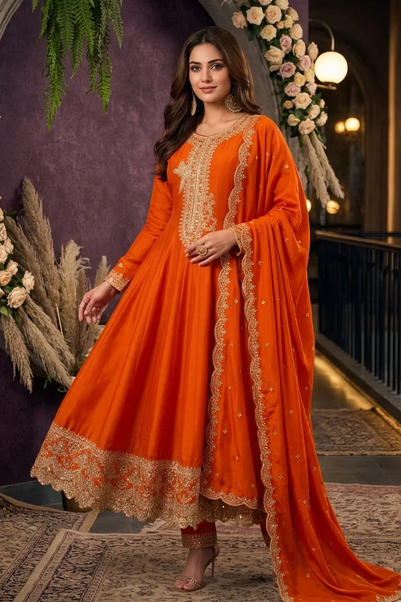 Orange Silk Embroidered Premium Anarkali Suit