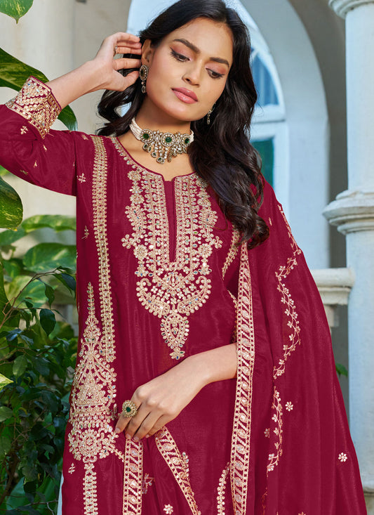 Red Embroidered Chinon Silk Palazzo Siut