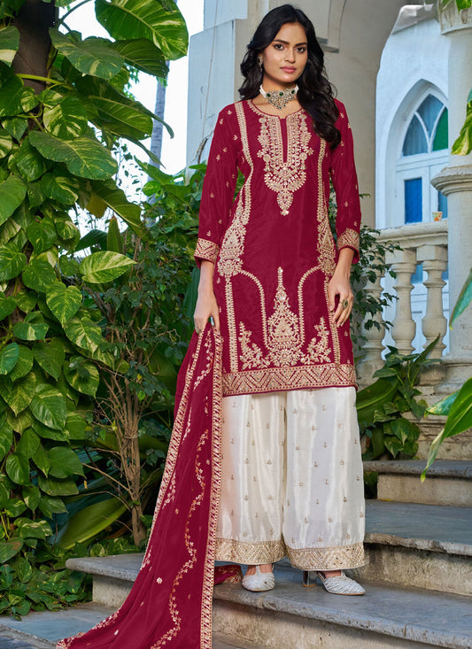 Red Embroidered Chinon Silk Palazzo Siut
