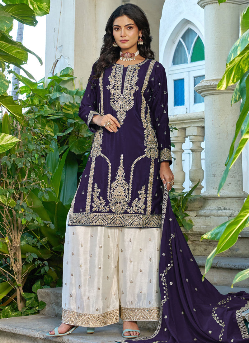 Purple Embroidered Chinon Silk Palazzo Suit