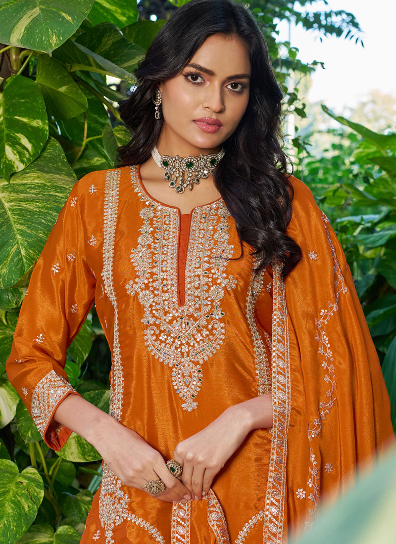 Orange Embroidered chinon silk palazzo Suit