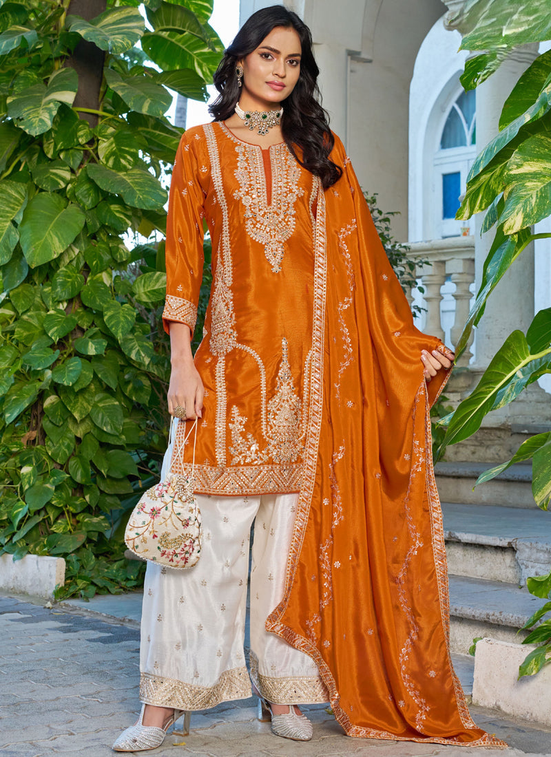 Orange Embroidered chinon silk palazzo Suit