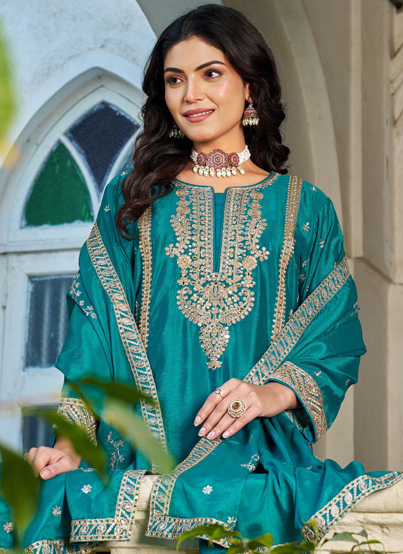 Turquoise Embroidered chinon silk palazzo Suit
