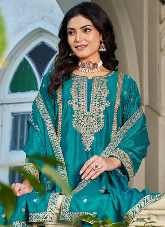 Turquoise Embroidered chinon silk palazzo Suit