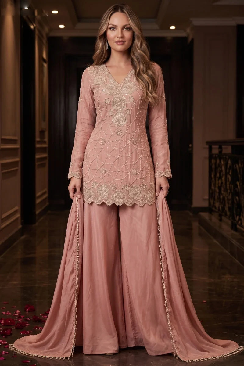 Peach Chinon Embroidered & Beads Palazzo Suit