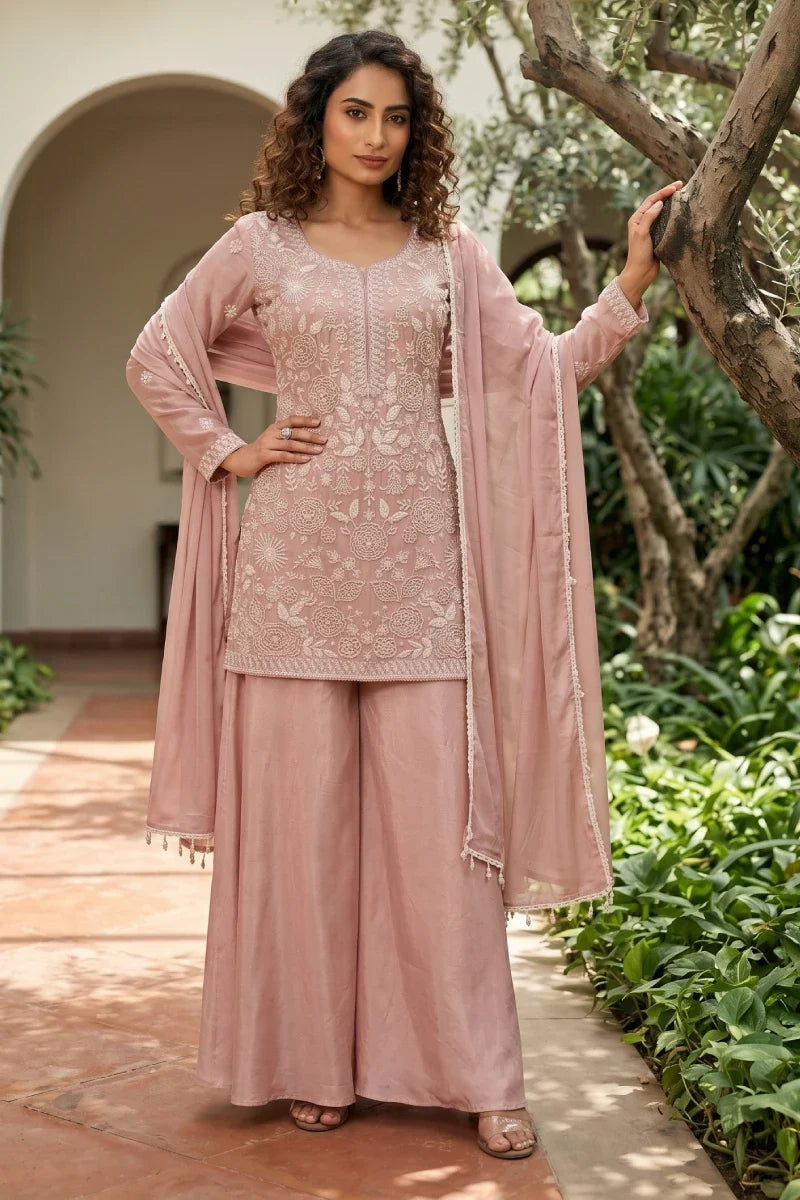Pink Chinon Beads and Embroidered Palazzo Suit