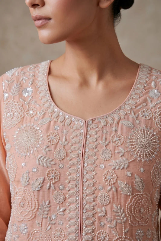 Pink Chinon Beads and Embroidered Palazzo Suit