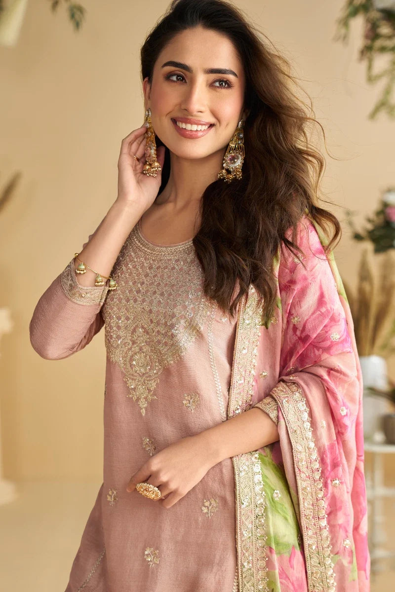 Pink Chinon Embroidered with Printed Palazzo Suit
