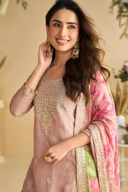 Pink Chinon Embroidered with Printed Palazzo Suit