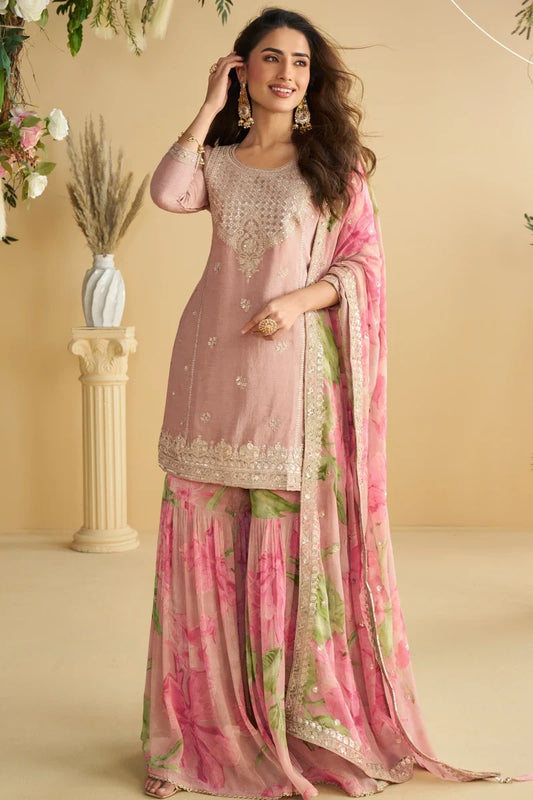 Pink Chinon Embroidered with Printed Palazzo Suit