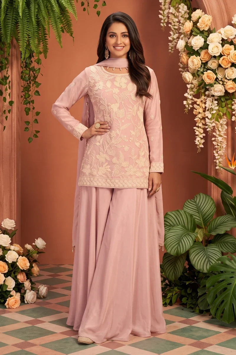Pink Chinon Embroidered Palazzo Suit with Beads Work