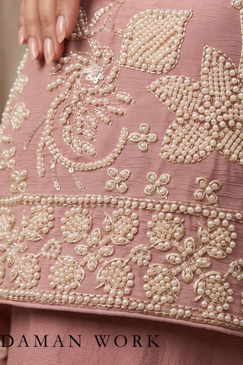 Pink Chinon Embroidered Palazzo Suit with Beads Work