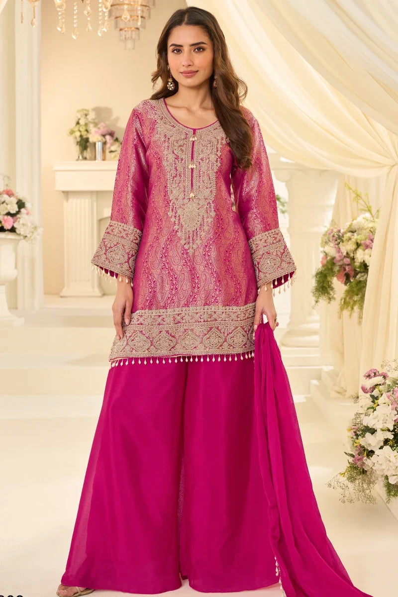 Pink Brocade Silk Beads Work Palazzo Suit