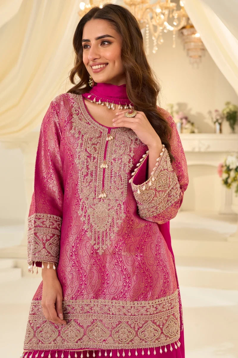 Pink Brocade Silk Beads Work Palazzo Suit