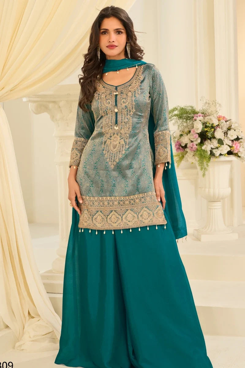Green Brocade Silk Beads Work Palazzo Suit