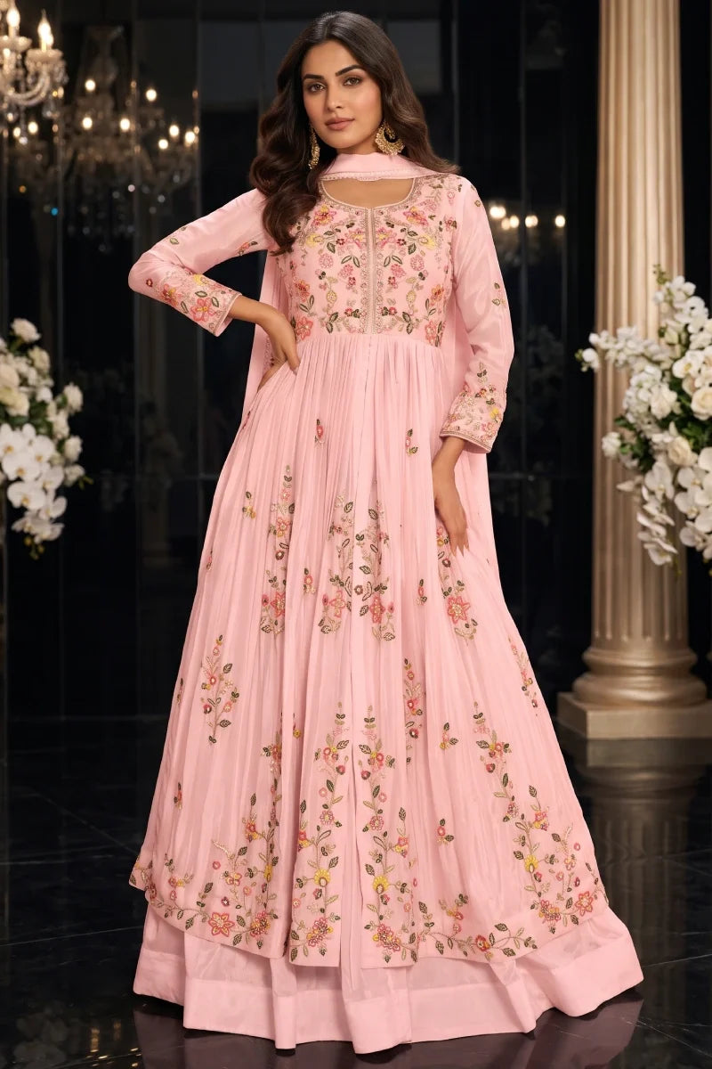 Pink Chinon Front & Back Work Anarkali Skirt Set