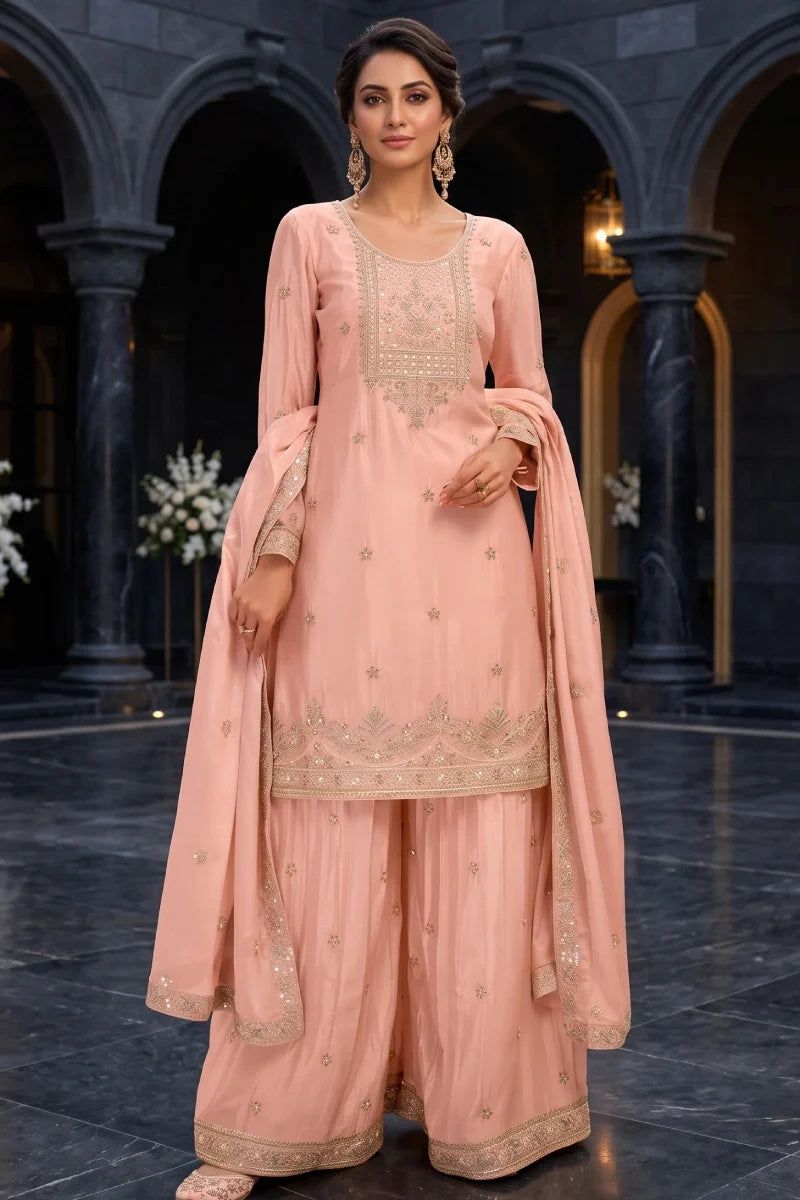 Peach Chinon Hand Work Beads Palazzo Suit