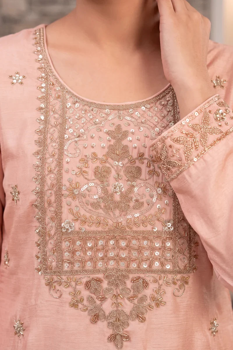 Peach Chinon Hand Work Beads Palazzo Suit